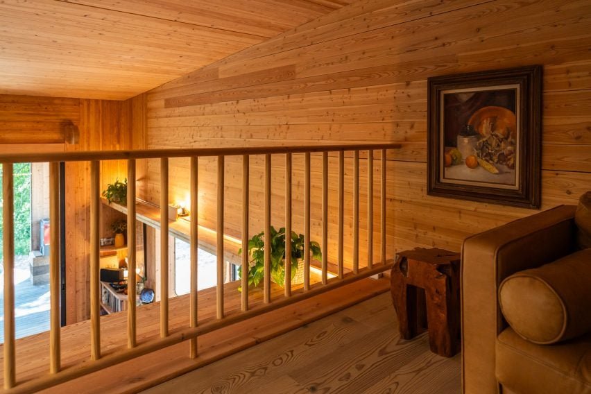 Interior of the cabin covered in wood