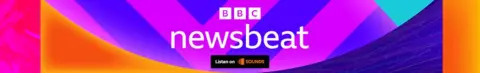 A footer logo for BBC Newsbeat. It features the BBC logo and the word Newsbeat in white on a colourful background of purple, crimson and orange shapes. At the bottom, a black square indicates "Listen on Sounds" is visible.