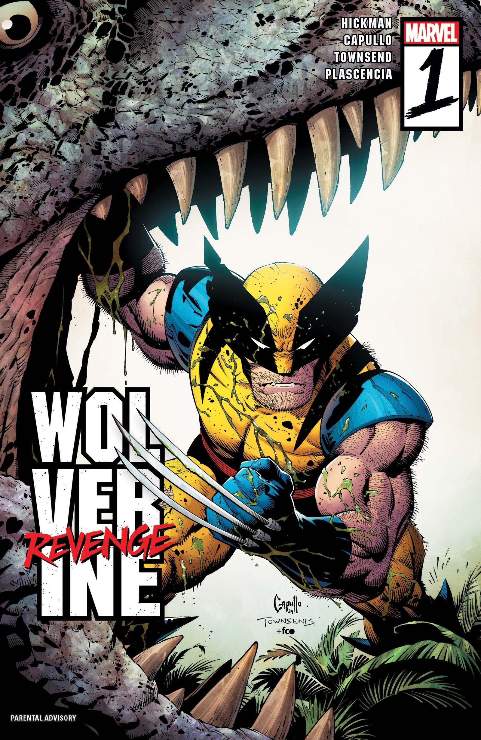 Wolverine Revenge #1, Wolverine standing in the mouth of a T-Rex.