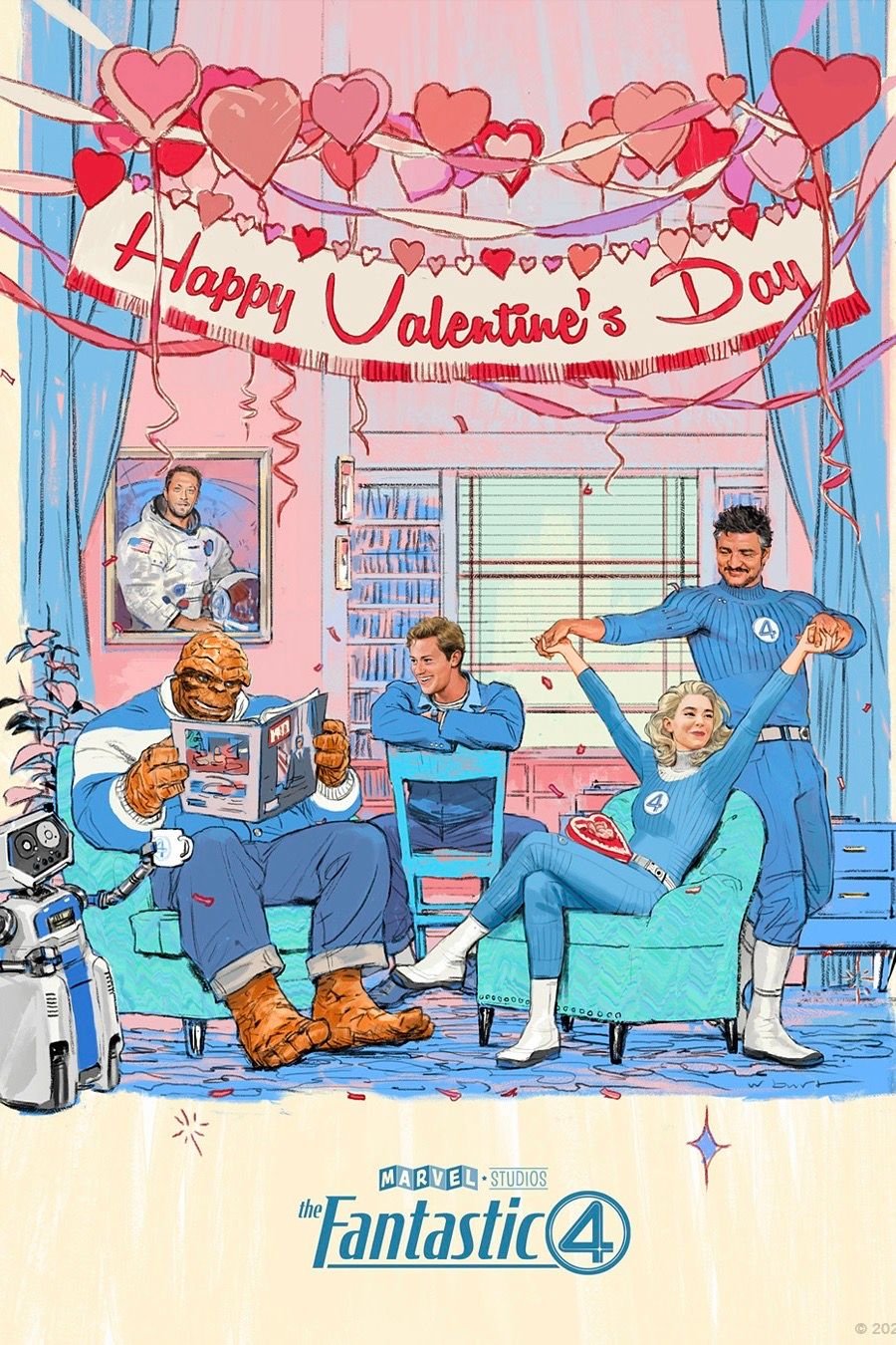 Fantastic Four Valentine's Day 2025 Poster Featuring Pedro Pascal, Vanessa Kirby, Ebon Moss-Bachrach, and Joseph Quinn