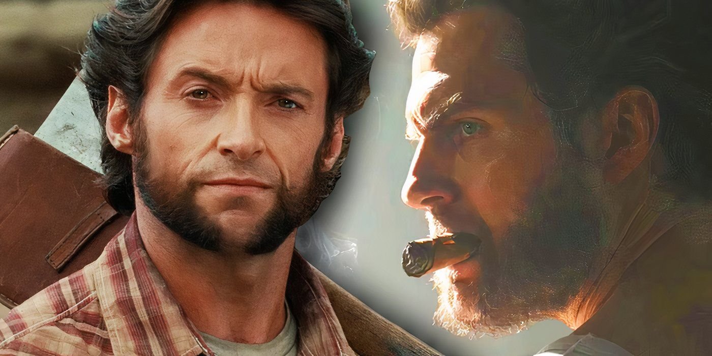 Split image of Wolverine, played by Hugh Jackman, in flannel in X-Men Origins Wolverine (2009) on the left, Wolverine, played by Henry Cavill, looking back in Deadpool & Wolverine (2024) on the right