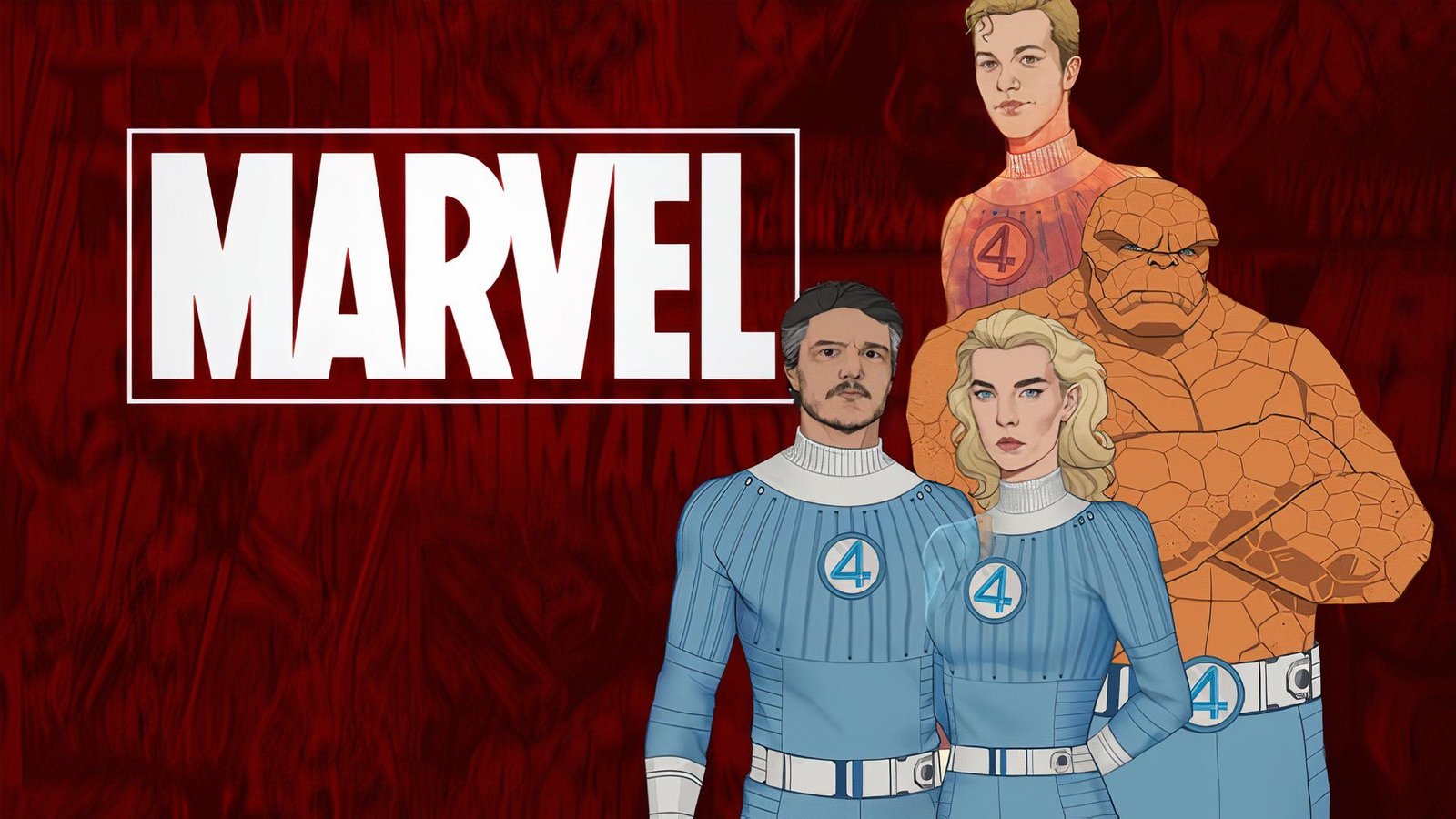 An altered image of the MCU's Fantastic Four next to the Marvel logo